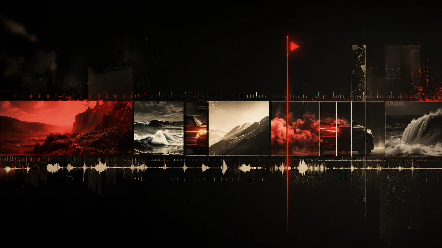 Cinematic frames, a red playhead, and an audio waveform form an editing sequence.