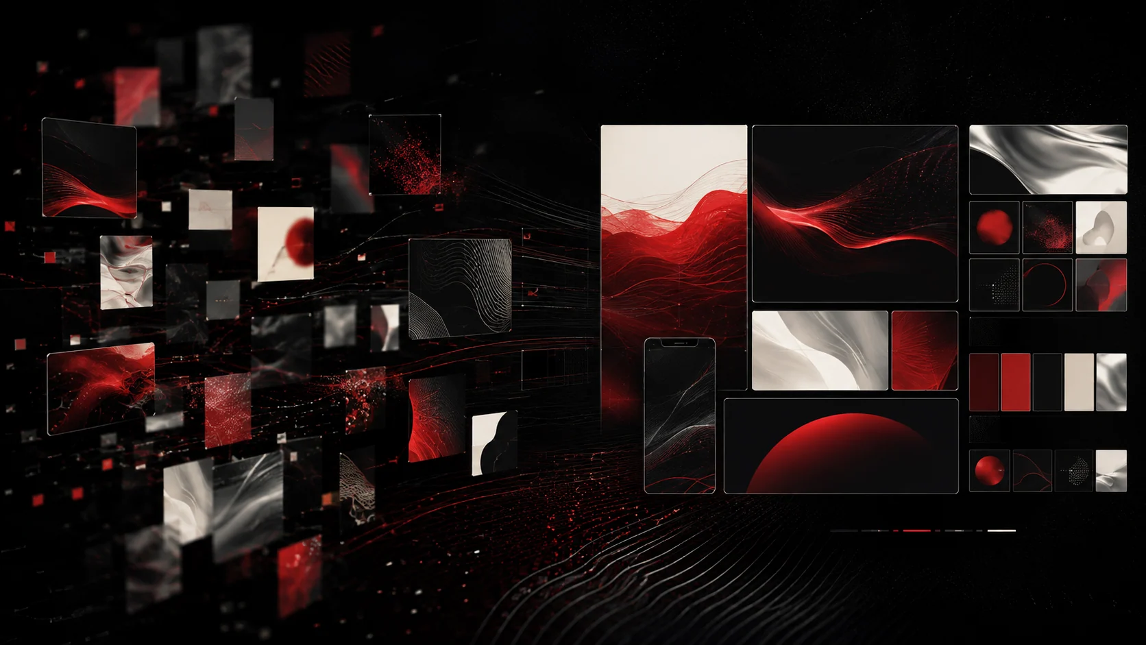 A field of red, black, and cream identity frames becomes a coherent digital system.