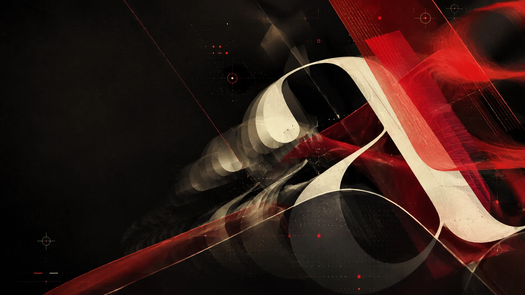 Red and cream typographic fragments sweep across a dark motion frame.
